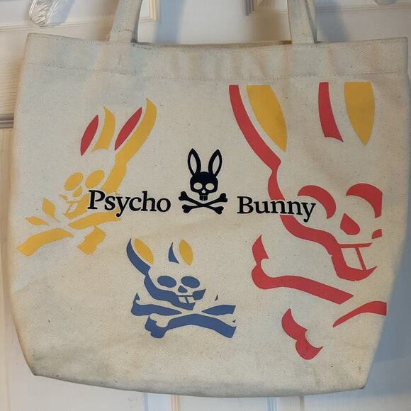 Psycho Bunny Beige Colorful Canvas Tote Bag - Picture 3 of 8